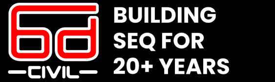 Logo with the text "6d Civil" in red and white, next to the words "Building SEQ for 20+ years" on a black background.